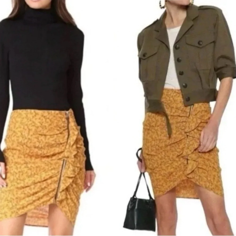 Veronica Beard Size 4 Spencer Mustard Yellow Ditsy Floral Ruched Mini Skirt - Picture 5 of 12